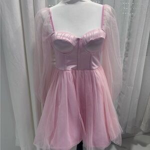 Elegant Pink Dress with Sheer Sleeves